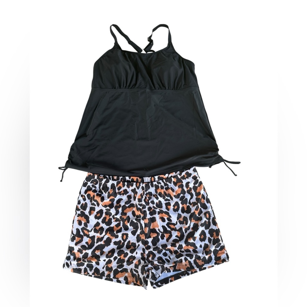 Yonique Strappy Black and Leopard Print Tankini Set
